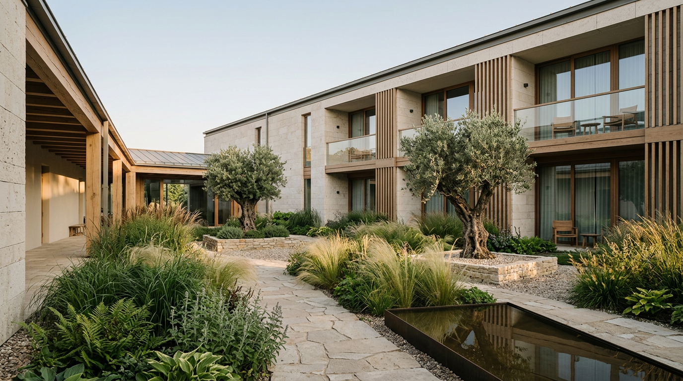 Quiet modern hotel courtyard surrounded by greenery
